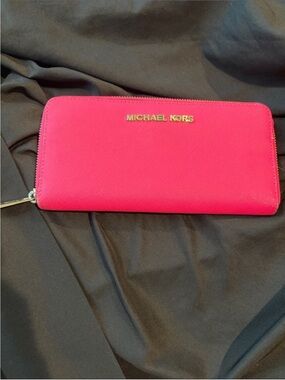 Michael Kors Hot Pink Zip-Around Wallet with Gold Logo